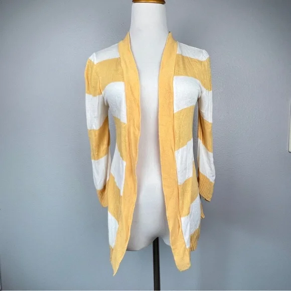 ABSOLUTELY Yellow and White Rugby Stripe 3/4 Sleeve Cardigan Open Sweater - Picture 6 of 8